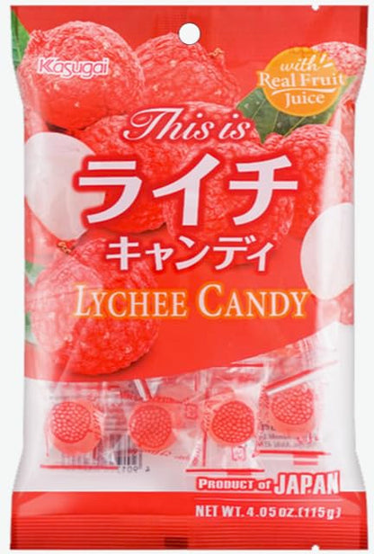 Kasugai Fruit Hard Candies Made With Real Fruit Juice - Japanese Hard Candy 4 Pack Bundle With School Bag Shaped Plastic Zipper Snack Bag - Two 4.05oz Packs Of Each Flavor - Muskmelon & Lychee