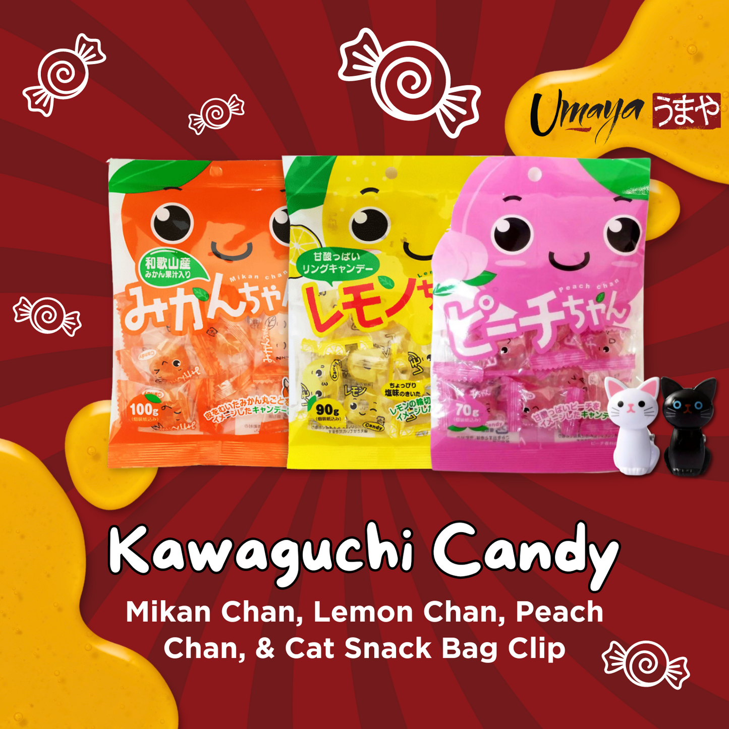 Kawaguchi Fruit Candies - Japanese Fruit-Flavored Hard Candy 3 Pack Bundle With A Cute Cat Snack Bag Clip - Includes One 9oz (100g) Pack Of Each Flavor - Lemon Chan, Peach Chan, Mikan Chan