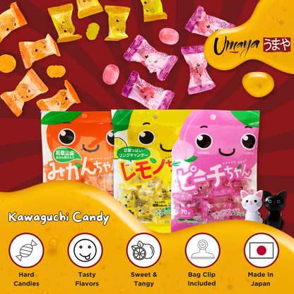 Kawaguchi Fruit Candies - Japanese Fruit-Flavored Hard Candy 3 Pack Bundle With A Cute Cat Snack Bag Clip - Includes One 9oz (100g) Pack Of Each Flavor - Lemon Chan, Peach Chan, Mikan Chan