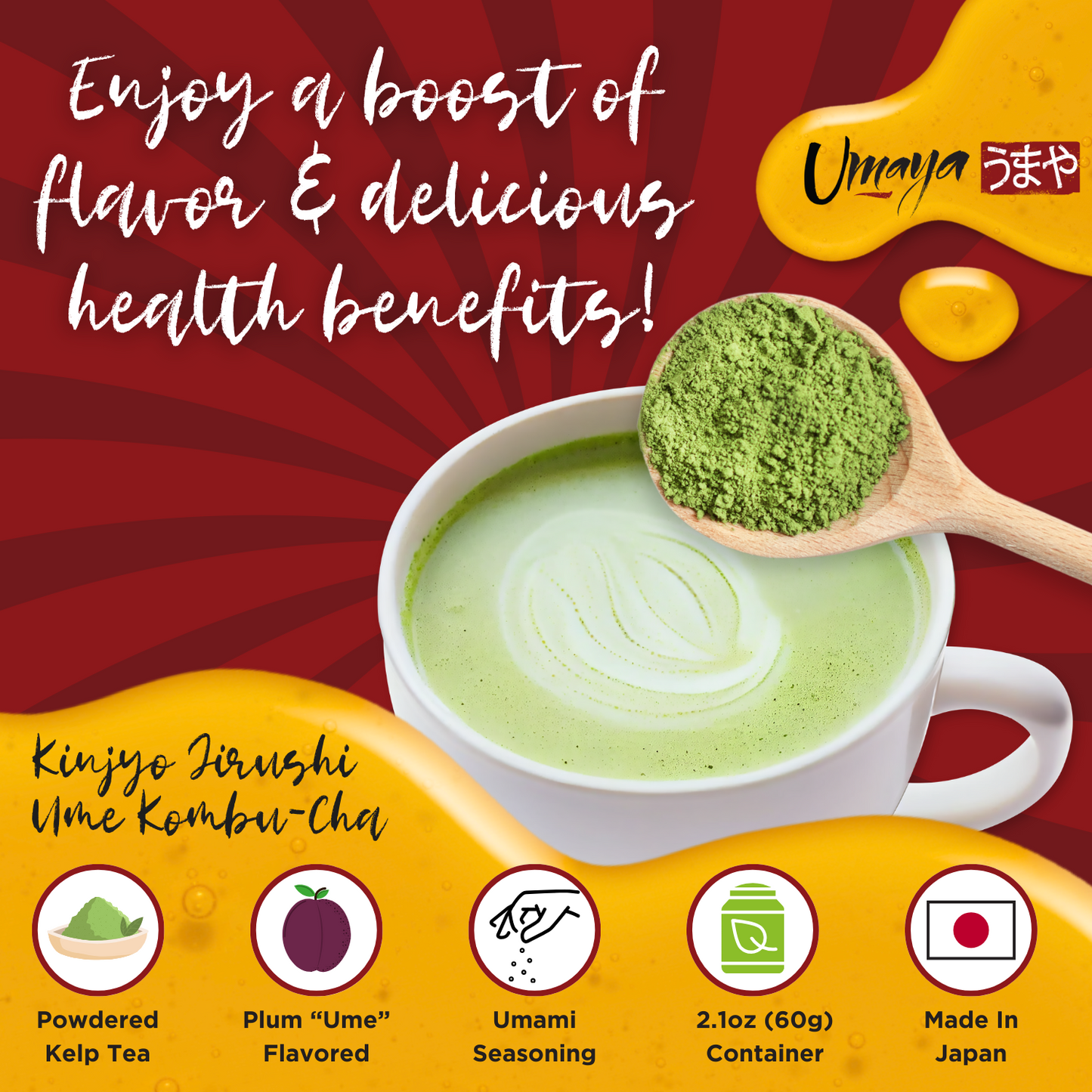 Kinjyo Jirushi Ume Kombu-Cha - Sweet & Sour Japanese Powdered Seaweed Tea Flavored With Plum - Kelp & Plum Green Tea Drink Mix - Versatile Powder Adds Umami-Rich Flavor To Food - 2.1oz (60g)