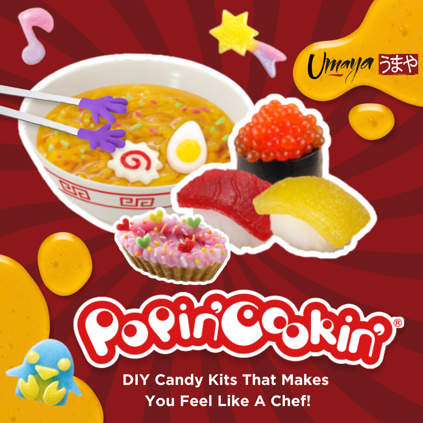 Kracie Popin’ Cookin’ DIY Candy Making Kit for Kids - Tanoshii Sushi, Gummy Land, Ramen, Cake & Kids Mini Tongs (4 Pack Variety Bundle)