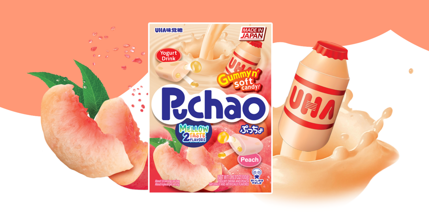 UHA Mikakuto Japan Puchao Chewy Candy: Yogurt & Peach 3.53oz - Pack of One (1)