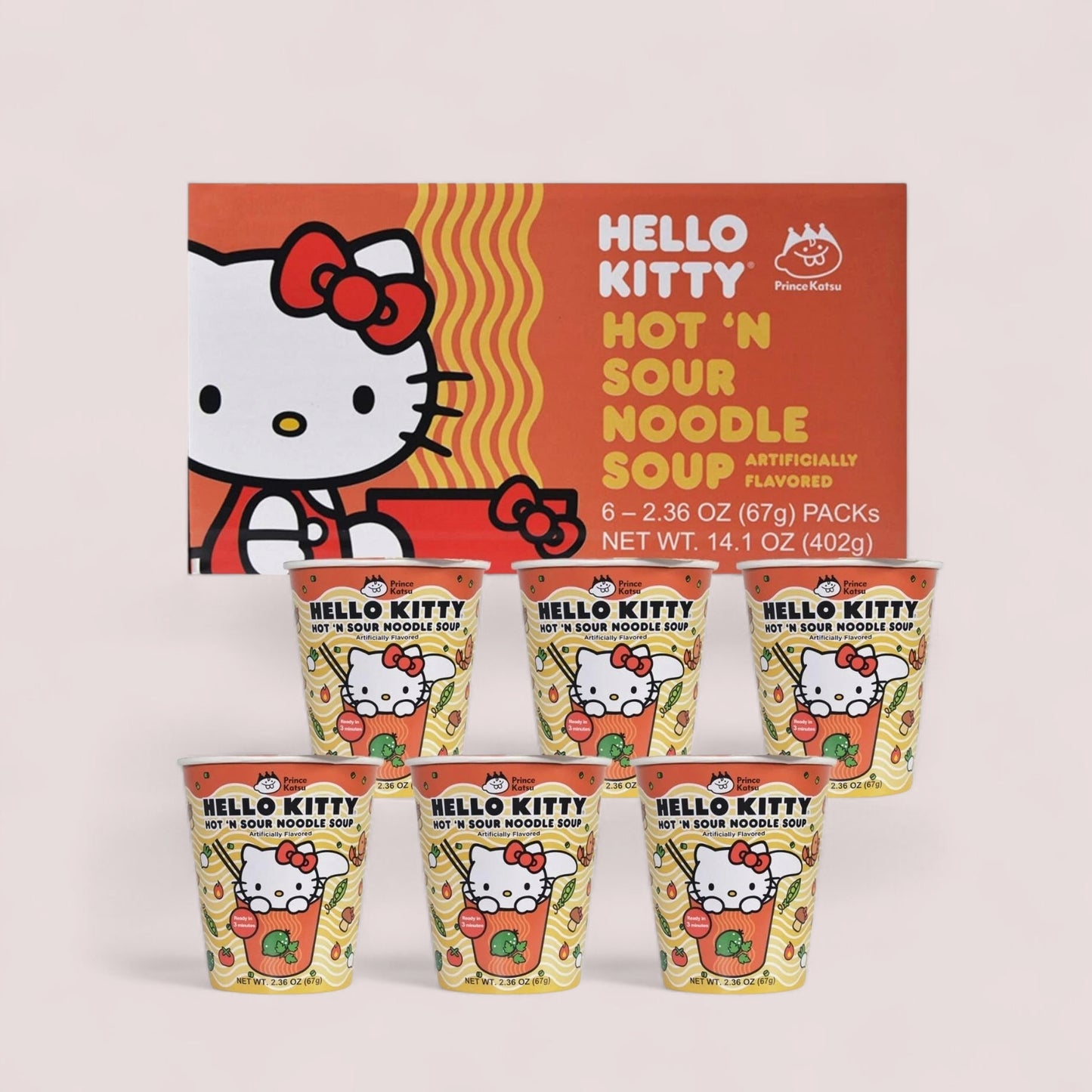 Hello Kitty Hot and Sour Instant Ramen Noodle Cup, 6 Pack -14.1oz