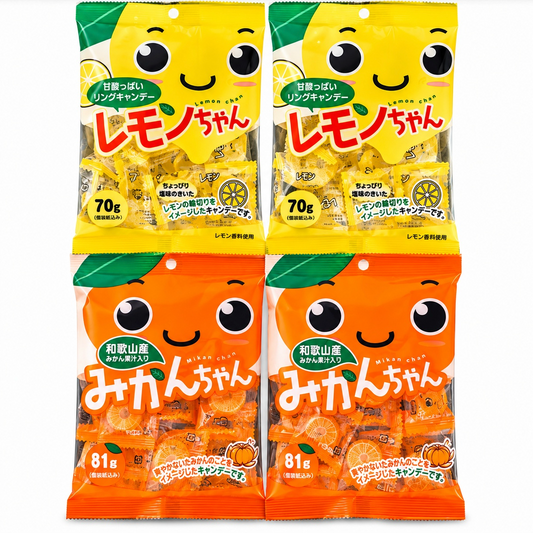 Kawaguchi Fruit Candies - Japanese Fruit-Flavored Hard Candy 3 Pack Bundle With A Cute Cat Snack Bag Clip - Includes One 9oz (100g) Pack Of Each Flavor - Lemon Chan, Peach Chan, Mikan Chan