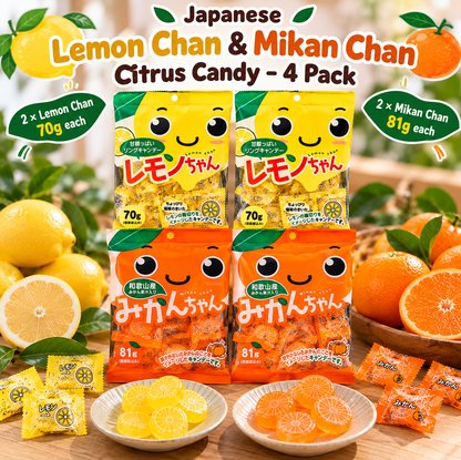 Kawaguchi Fruit Candies - Japanese Fruit-Flavored Hard Candy 3 Pack Bundle With A Cute Cat Snack Bag Clip - Includes One 9oz (100g) Pack Of Each Flavor - Lemon Chan, Peach Chan, Mikan Chan