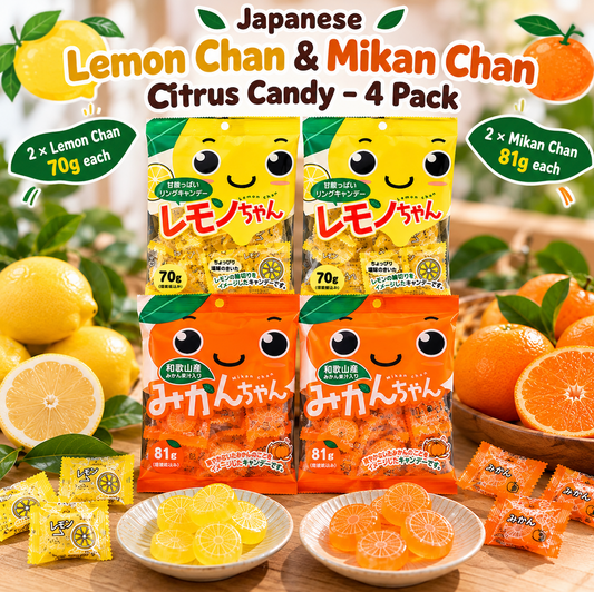 Kawaguchi Fruit Candies - Japanese Fruit-Flavored Hard Candy 3 Pack Bundle With A Cute Cat Snack Bag Clip - Includes One 9oz (100g) Pack Of Each Flavor - Lemon Chan, Peach Chan, Mikan Chan