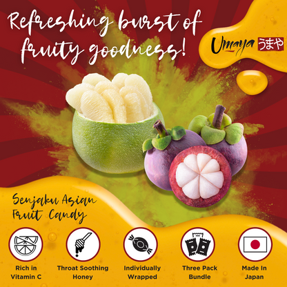 UMAYA - Senjaku Asian Fruit Throat Candy Mangosteen & Pomelo Flavor 2.6oz (3 Pack, 7.8oz) - Honey & Vitamin C Soothing Lozenges - Cough & Throat Relief - Japanese Hard Candy - Product of Japan