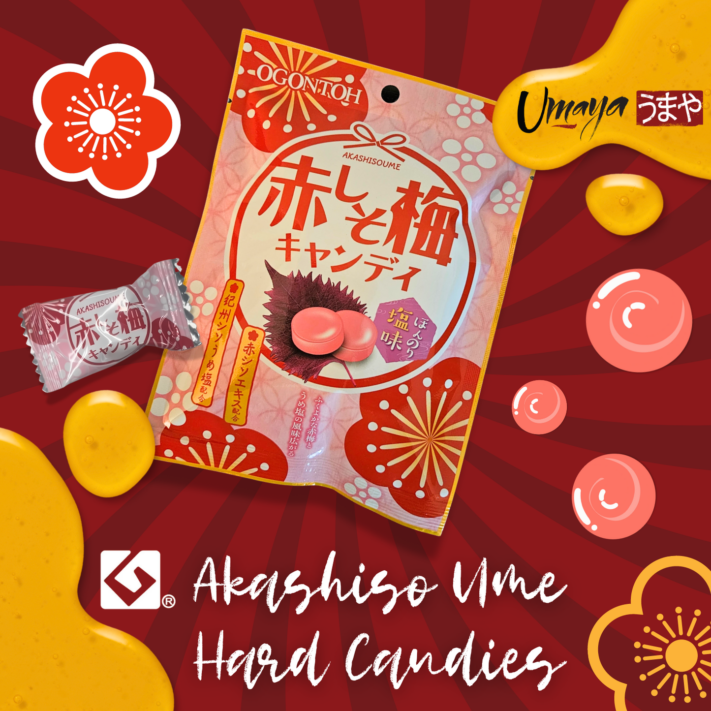 Ogontoh Akashiso Ume Candy (1.6oz Per Pack) - Refreshing Japanese Red Perilla (Shiso) & Red Plum Candies - No Artificial Colorings or Additives - Individually Wrapped - Made in Japan - 3 Packs