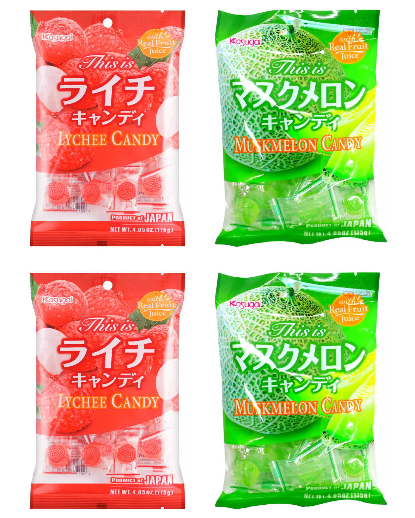 Kasugai Fruit Hard Candies Made With Real Fruit Juice - Japanese Hard Candy 4 Pack Bundle With School Bag Shaped Plastic Zipper Snack Bag - Two 4.05oz Packs Of Each Flavor - Muskmelon & Lychee