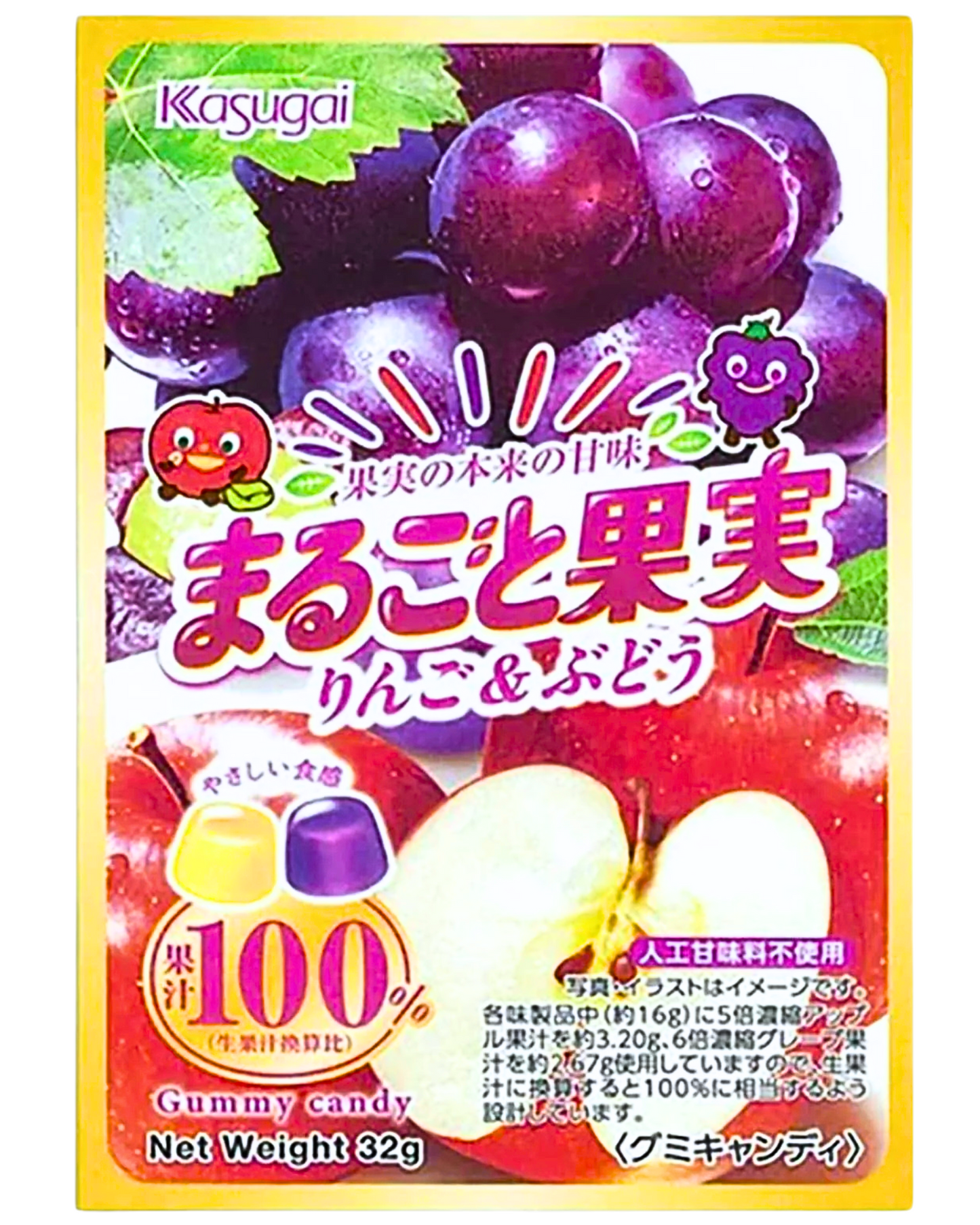 Kasugai Marugoto Kajitsu Gummy Candy Grape & Apple Flavor 32g x  12  Packs