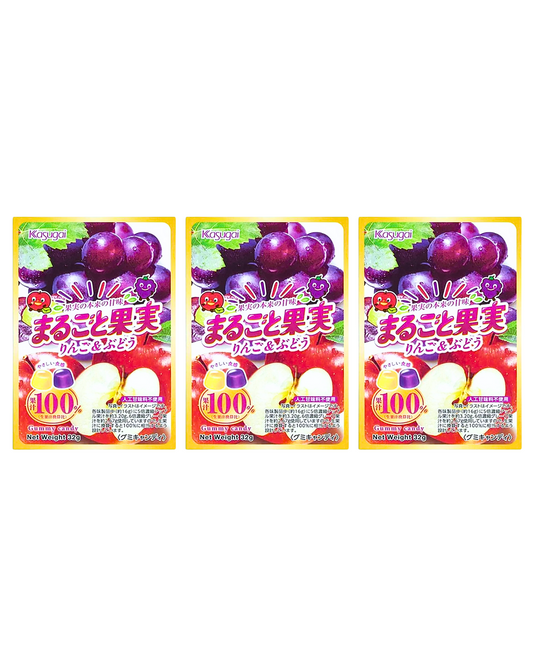 Kasugai Marugoto Kajitsu Gummy Candy Grape & Apple Flavor 32g - Three(3) Packs