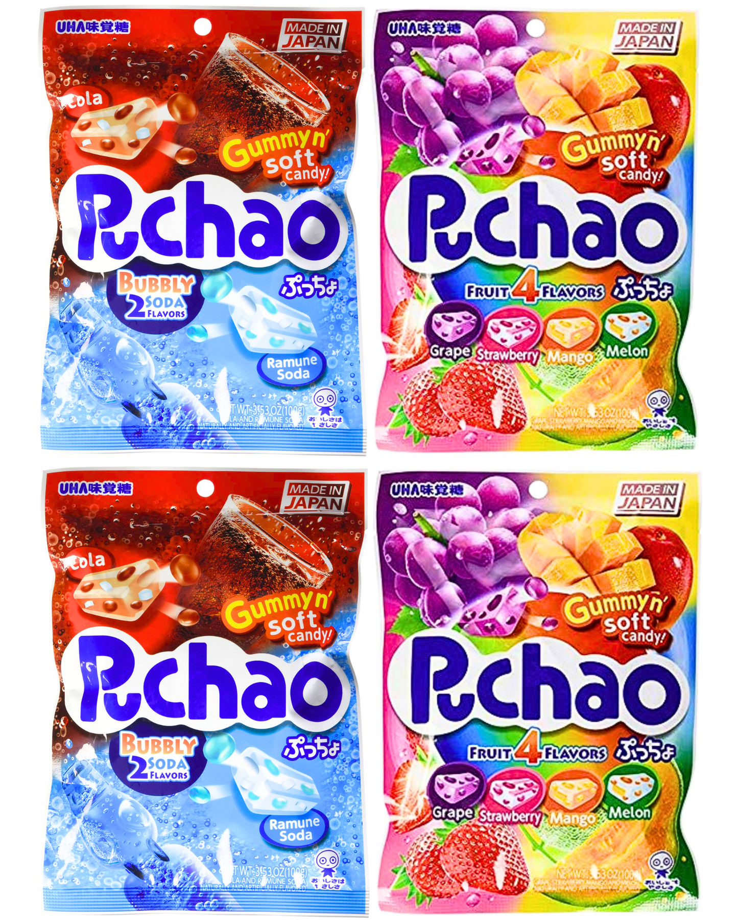 Puchao Gummy n' Soft Candy, Cola, Ramune Soda &4 Fruits Flavors, 3.53oz -  Pack of 4