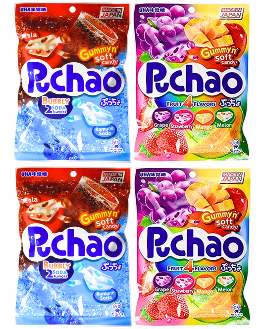 Puchao Gummy n' Soft Candy, Cola, Ramune Soda &4 Fruits Flavors, 3.53oz -  Pack of 4