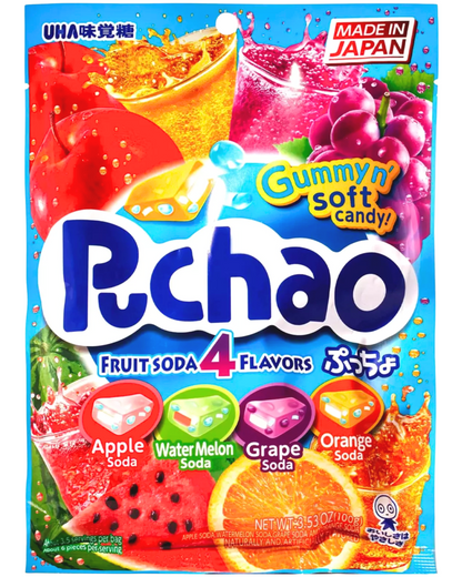 UHA Mikakuto Japan Puchao  Chewy Candy 4 Flavor Fruit Mix 3.52oz Pack of One (1)