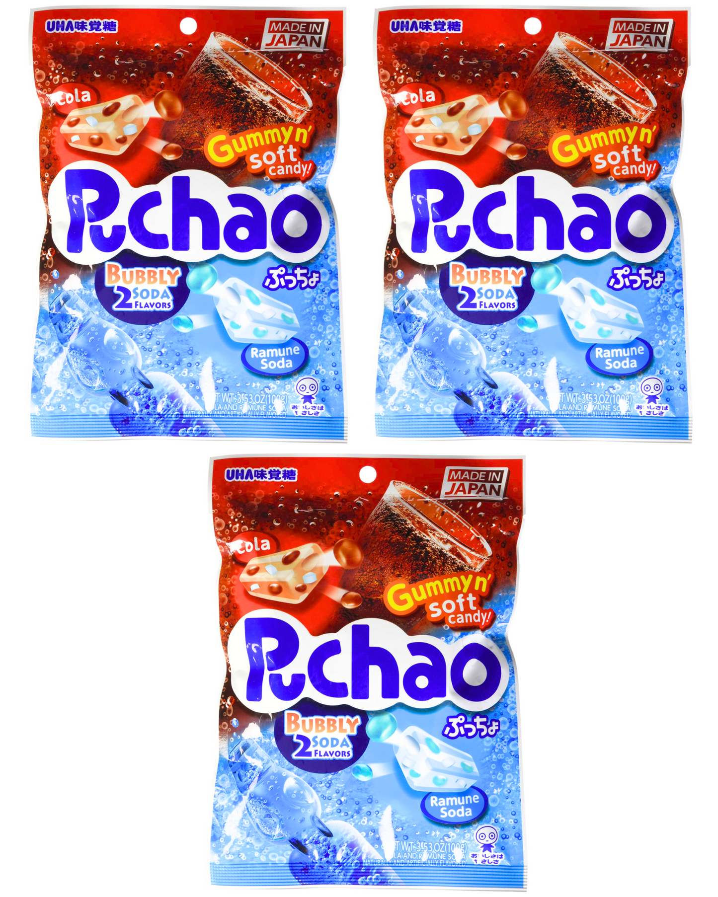 UHA Mikakuto Japan Puchao Chewy Candy: Ramune & Cola 3.53oz - Pack of Three (3)