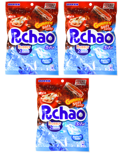 UHA Mikakuto Japan Puchao Chewy Candy: Ramune & Cola 3.53oz - Pack of Three (3)