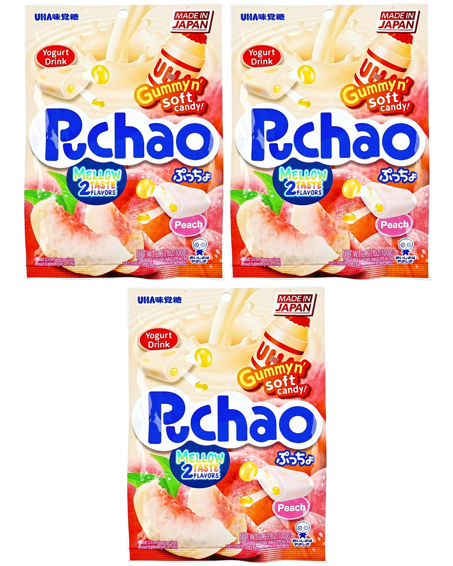 UHA Mikakuto Japan Puchao Chewy Candy: Yogurt & Peach 3.53oz - Packs of Three (3)