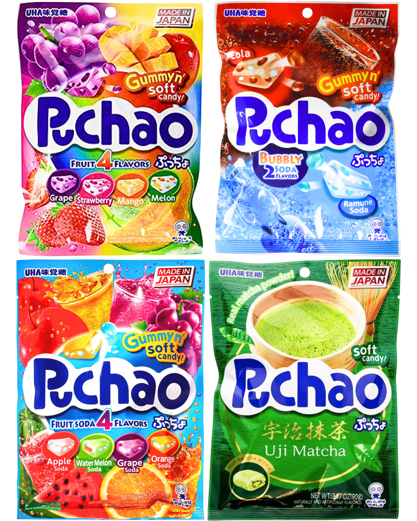 UHA Mikakuto-Japan PUCHAO Flavored Soft Candy Multi Four(4) Packs Combo