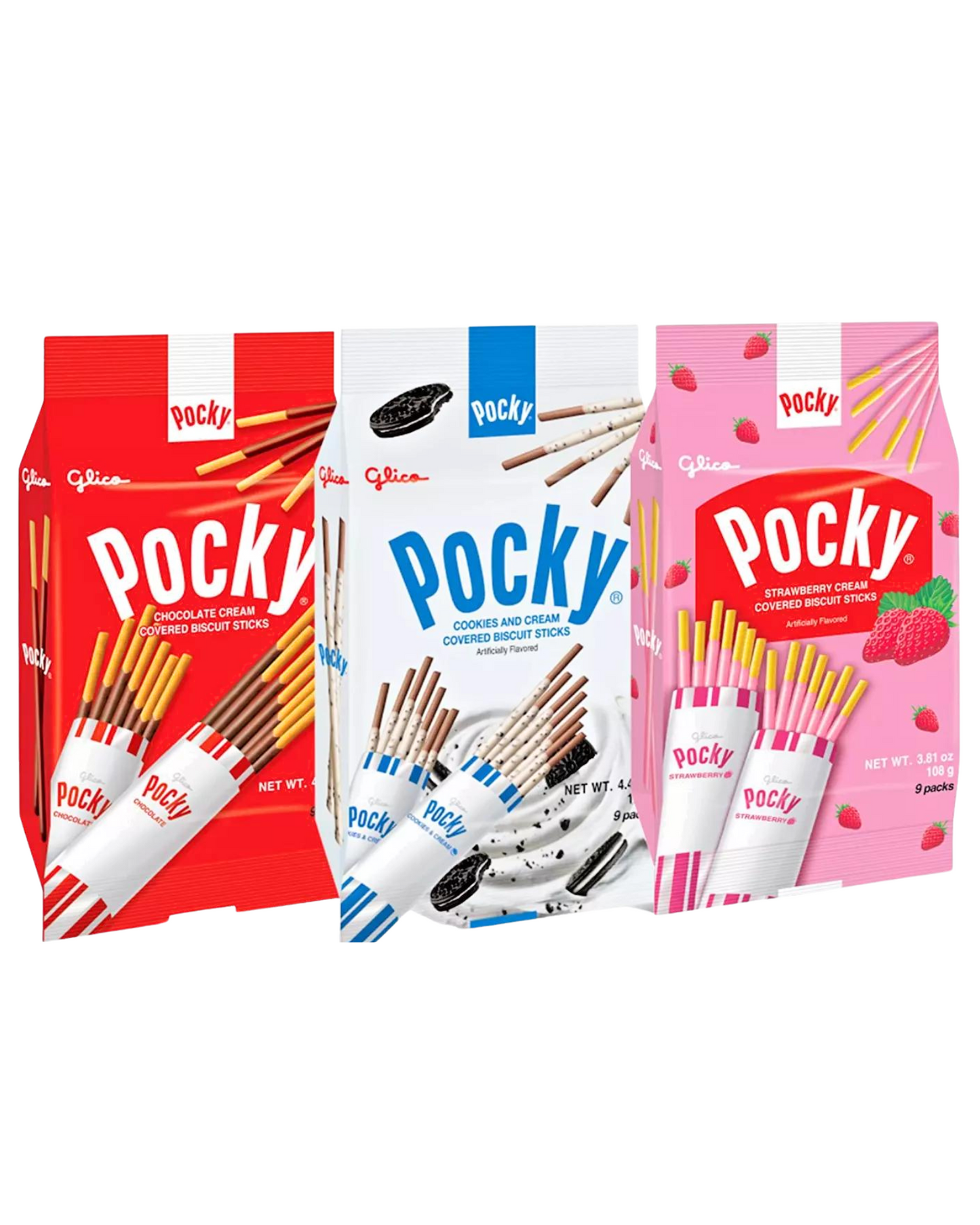 GLICO POCKY Family Three Variety Packs - Strawberry, Chocolate & Cookies Cream