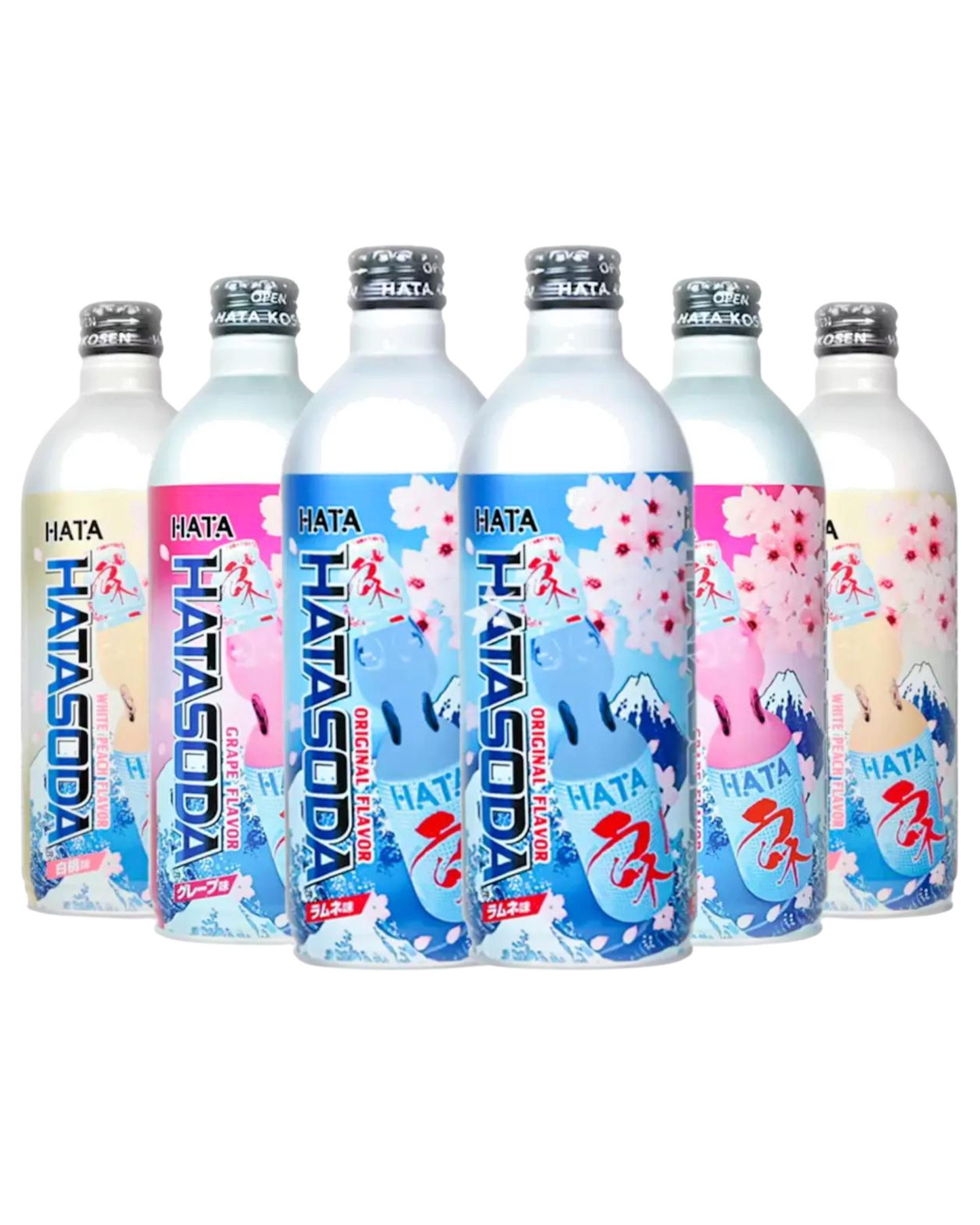 Hatakosen Japanese Ramune Soda Drink Mix Flavours 500ml Assorted (Set of 6)