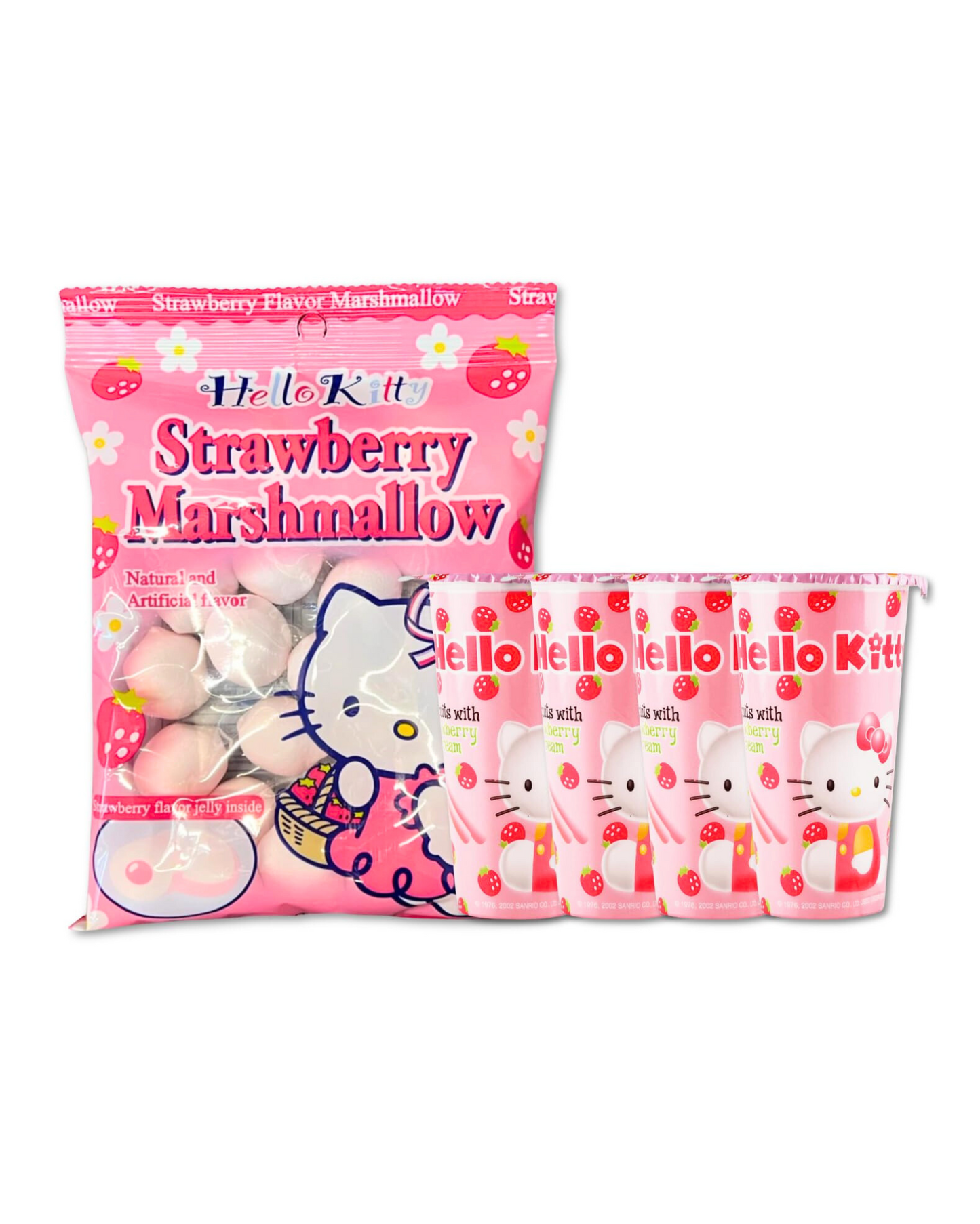 Hello Kitty Snack Bundle - Crispy Biscuit Cookies with Strawberry Cream Frosting Dip (1.16oz/4 Pack) - Strawberry Jelly Filled Marshmallows (3.1oz/1 Pack)