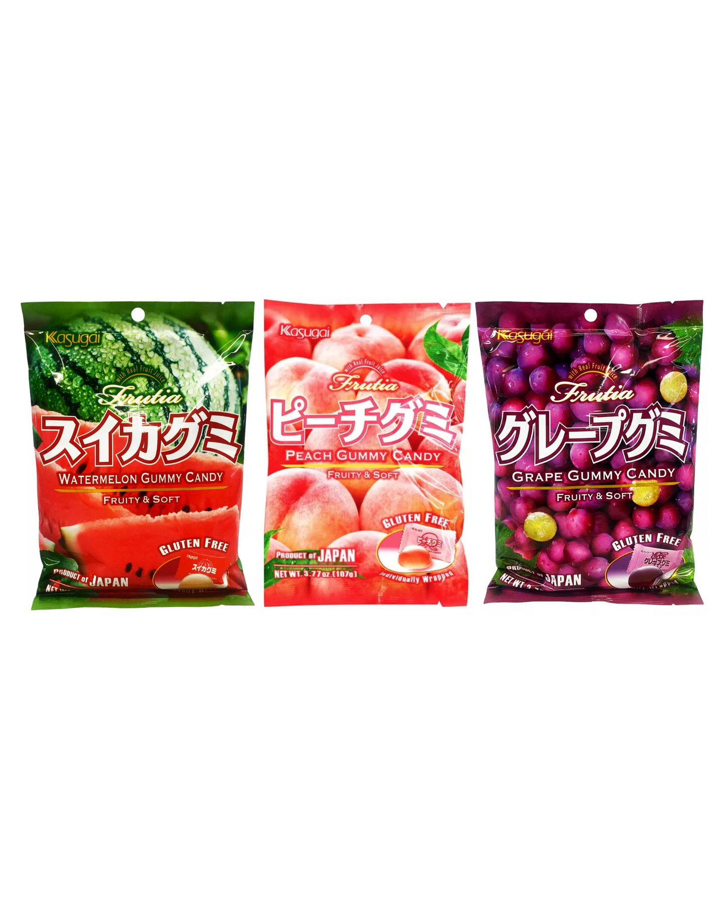 Japanese Fruit Gummy Tripak(3 pk) Sampler - Peach, Watermelon & Grape by Kasugai