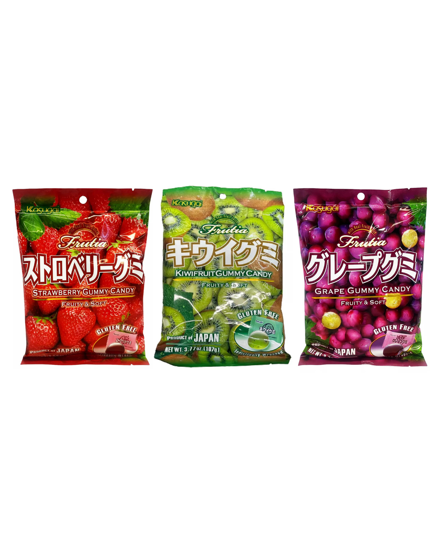 Japanese Fruit Gummy Tripak(3 pk) Sampler-Strawberry , Kiwi & Grape by Kasugai