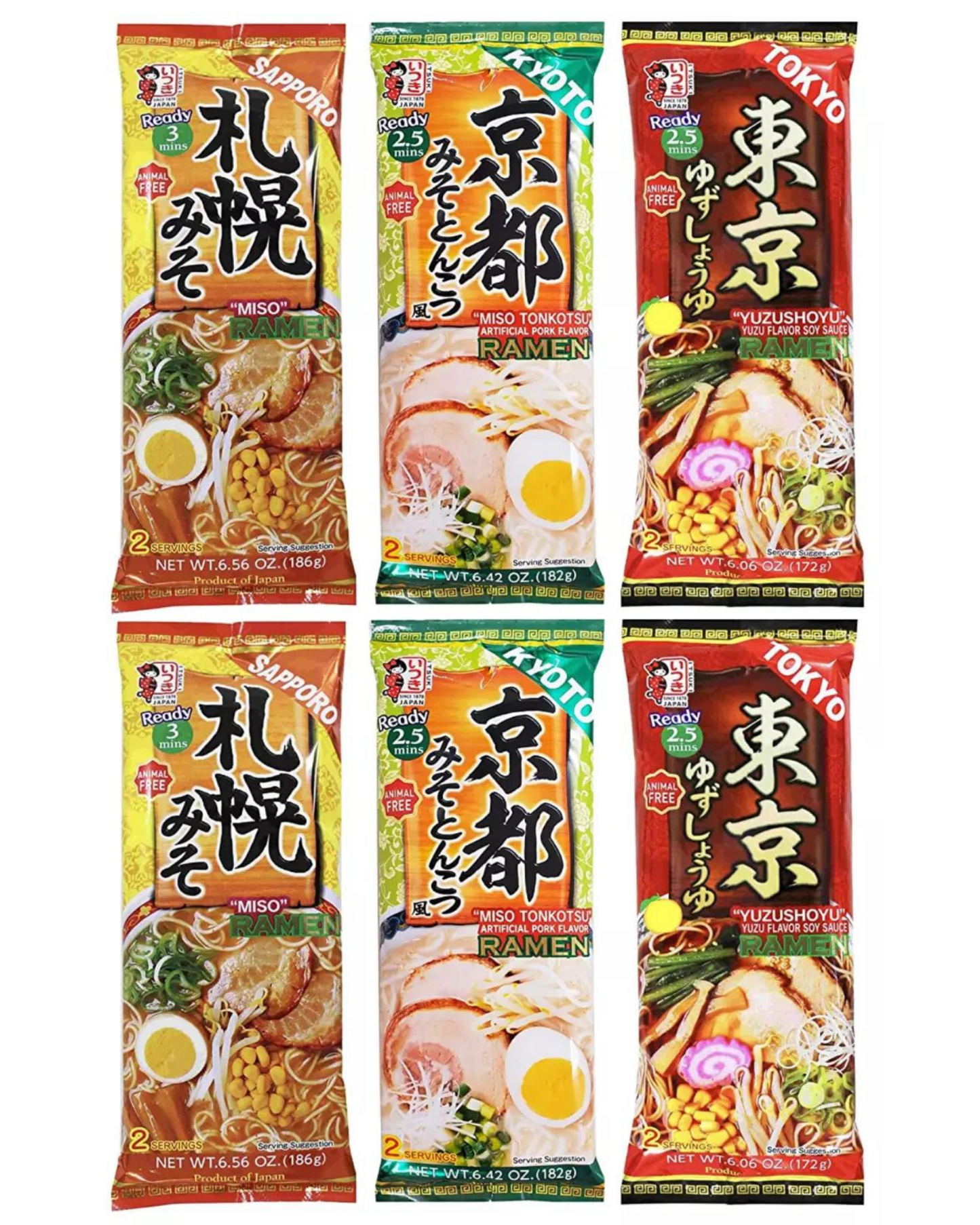 Japanese Ituski Instant Ramen Variety 6 Pack (Kyoto Tonkotsu,Yuzu Shoyu & Miso)