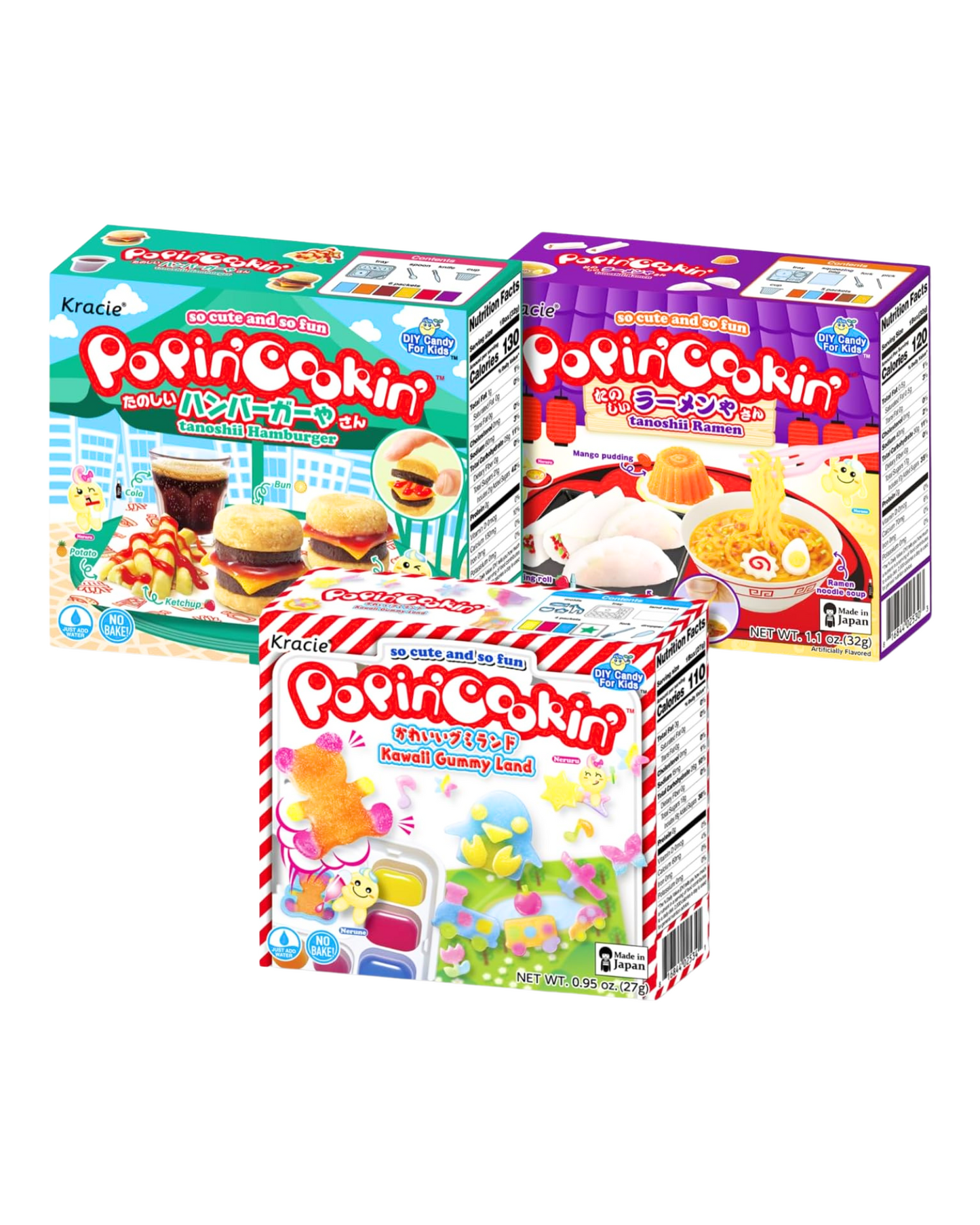 Japanese Kracie Popin’ Cookin' DIY Candy Making Kit for Kids - Tanoshii Hamburger, Gummy Land, Ramen (3 Pack Variety Bundle)