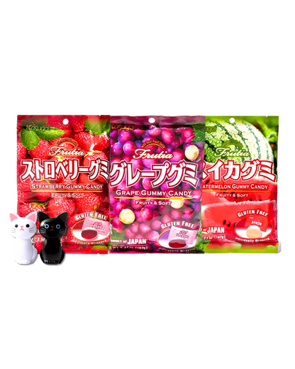 Kasugai Fruita Gummies - Japanese Fruity & Soft Gummy Candy 3 Pack Bundle With A Cute Cat Snack Bag Clip - One Pack Of Each Flavor - Strawberry (3.59oz), Grape (3.77oz), & Watermelon (3.77oz)