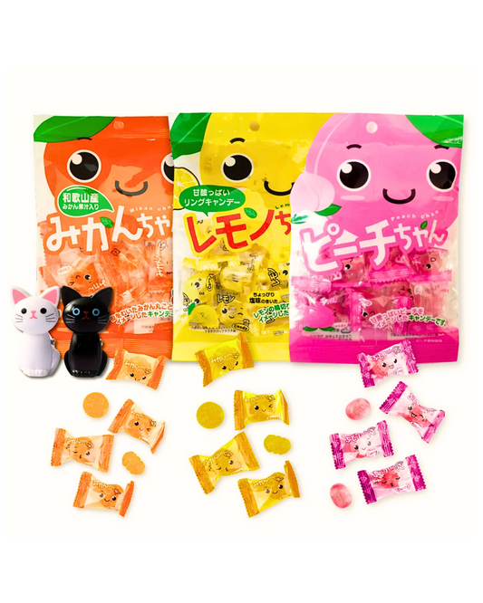 Kawaguchi Fruit Candies - Japanese Fruit-Flavored Hard Candy 3 Pack Bundle With A Cute Cat Snack Bag Clip - Includes One 9oz (100g) Pack Of Each Flavor - Lemon Chan, Peach Chan, Mikan Chan