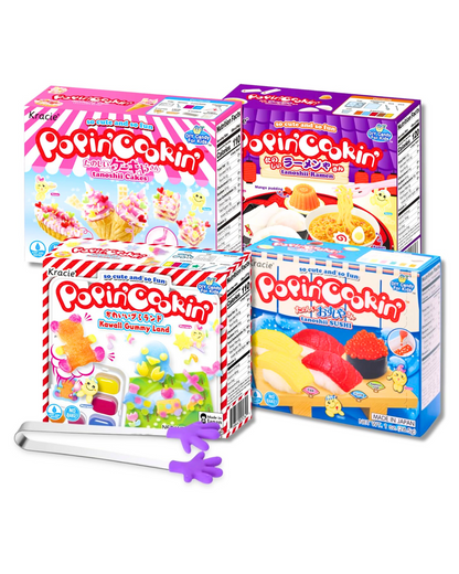 Kracie Popin’ Cookin’ DIY Candy Making Kit for Kids - Tanoshii Sushi, Gummy Land, Ramen, Cake & Kids Mini Tongs (4 Pack Variety Bundle)