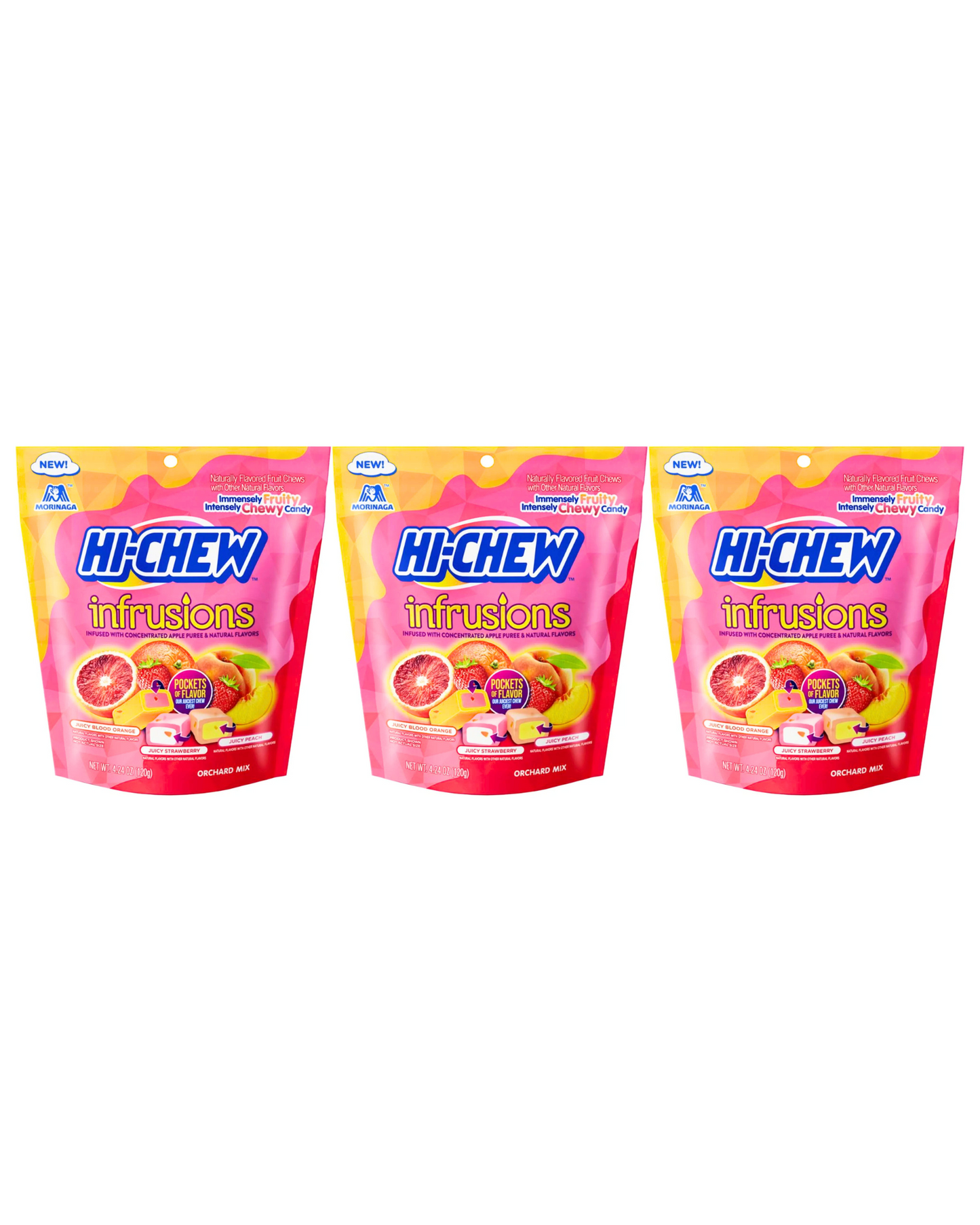 Morinaga Hi Chew Infrusions Orchard Mix Chewy Candy 4.24oz - Pack of Three (3)