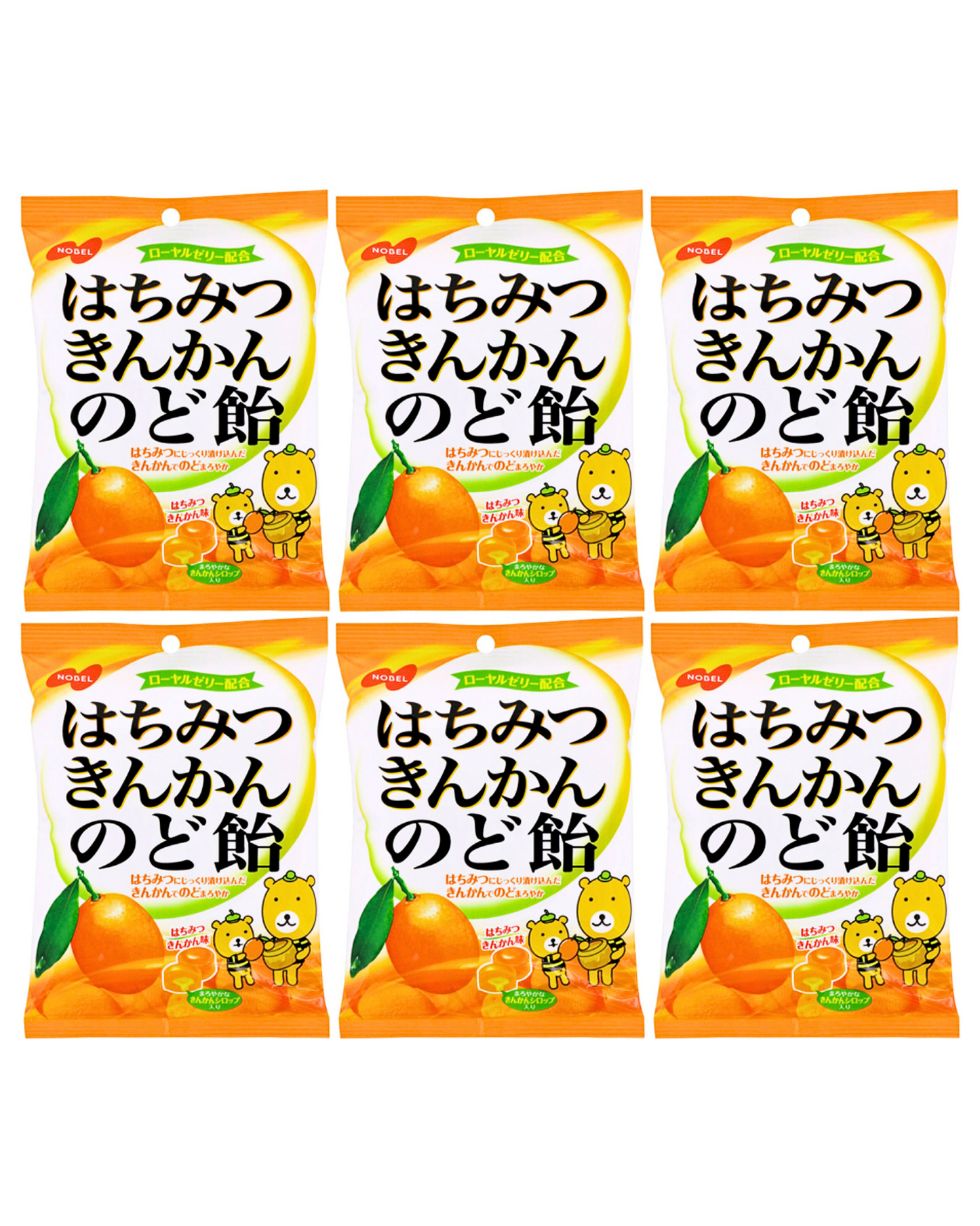 Nobel Hachimitsu Kinkan Nodoame (3.8oz Per Package) - Japanese Honey Kumquat Throat Soothing Lozenges - Candies With Real Honey & Kumquat Citrus Filled Center - Individually Wrapped - 6 Packs