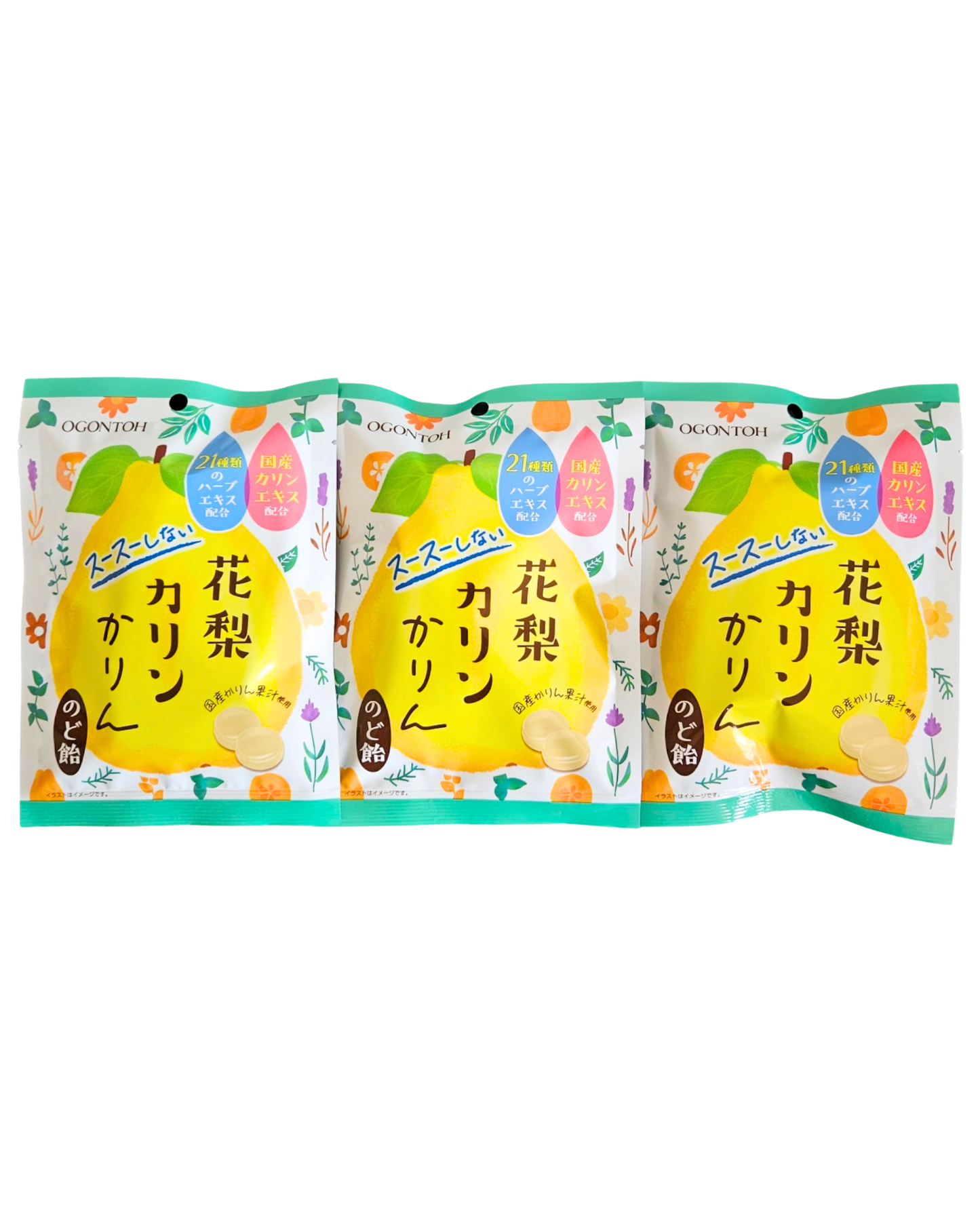 Ogontoh Karin (Quince) Nodoame (1.3oz Per Pack) - Japanese Throat Soothing Candy Lozenges - No Artificial Colorings or Additives - Individually Wrapped Hard Candies - Made in Japan - 3 Packs