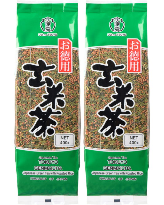 Two Pack (2) Japanese Ujinotsuyu Tokuyo Green Tea Roasted Rice GenmaiCha, 14.1oz