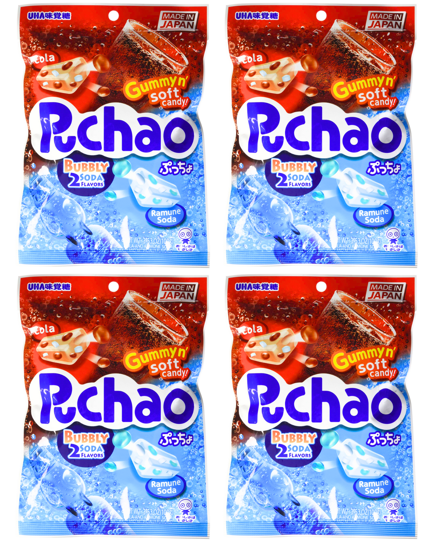 UHA Mikakuto Japan Puchao Chewy Candy: Ramune & Cola 3.53oz - Pack of Four (4)