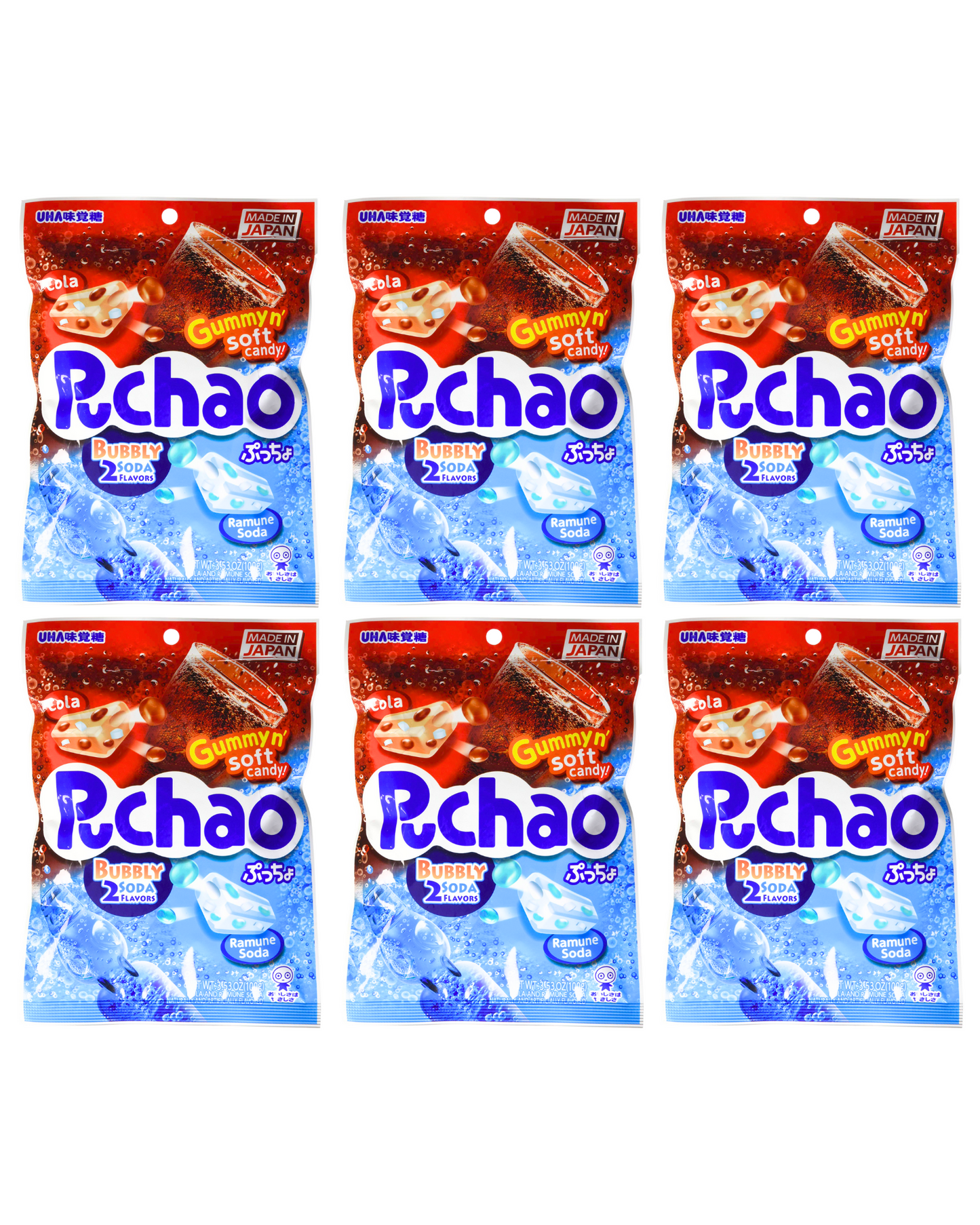 UHA Mikakuto Japan Puchao Chewy Candy: Ramune & Cola 3.53oz - Packs of Six (6)