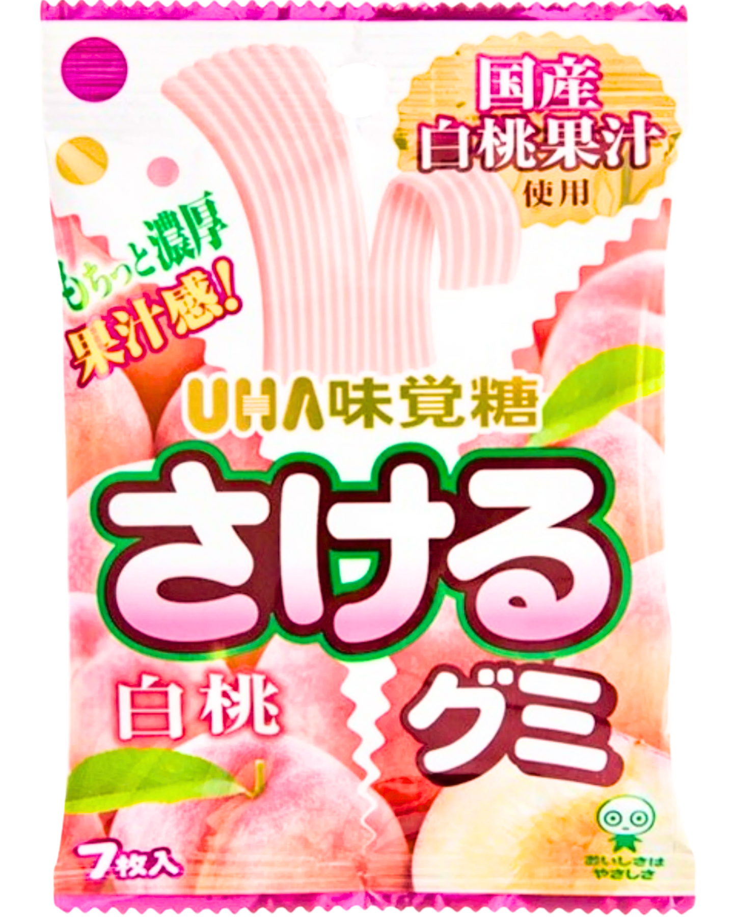 UHA Mikakuto Sakeru White Peach Gummy Candy 7 Pieces 32.9g - Pack of Four (4)