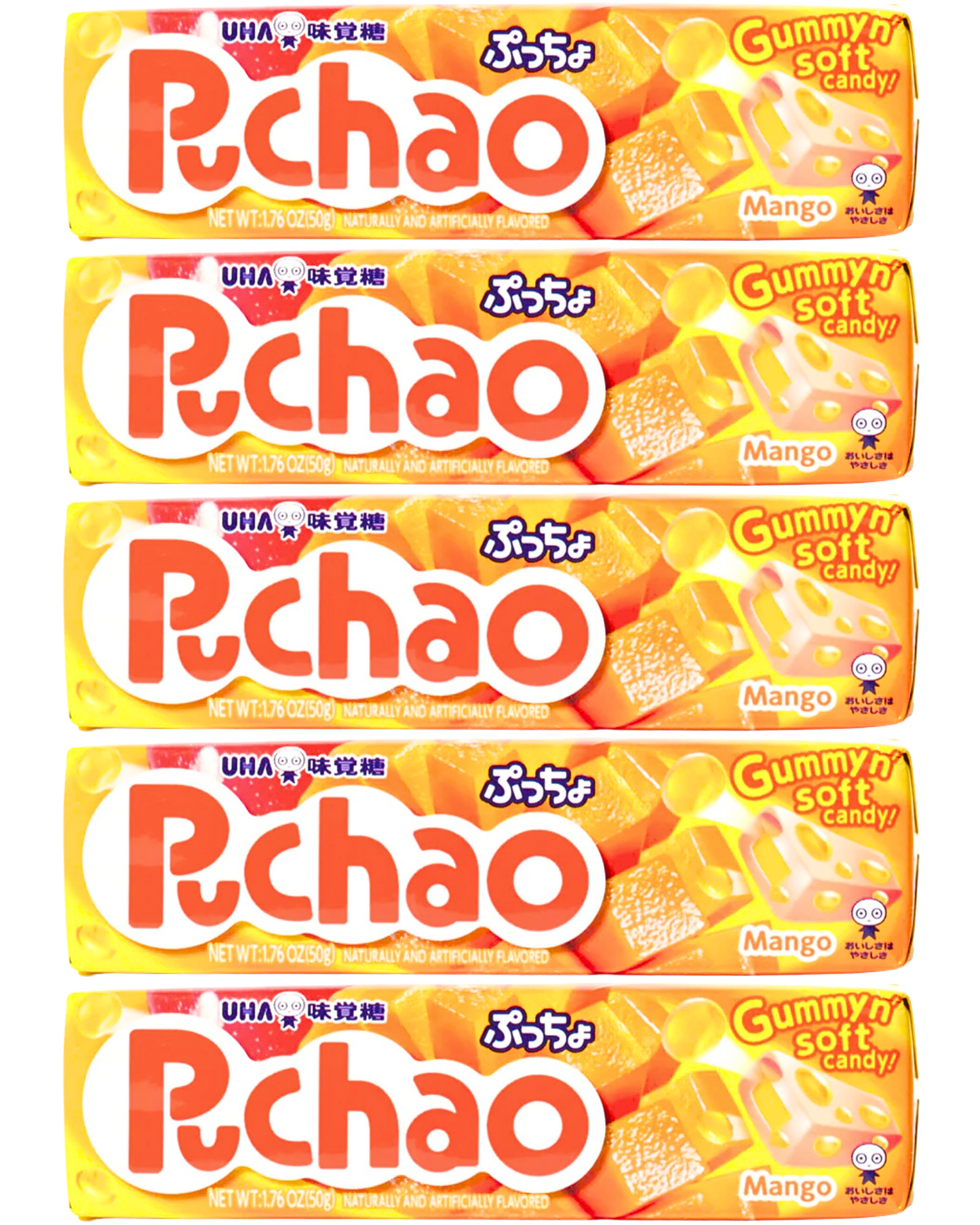 Uha Puccho Puchao Japanese Chewy Candy Stick, 5 packs Mango Flavor 50g each x 5