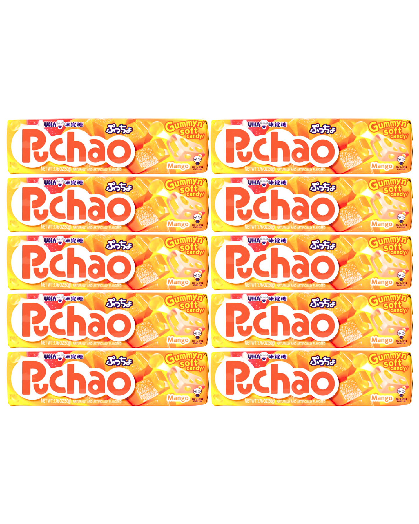 Uha Puccho Puchao Japanese Chewy Candy Stick, 10 packs Mango Flavor 50g x 10