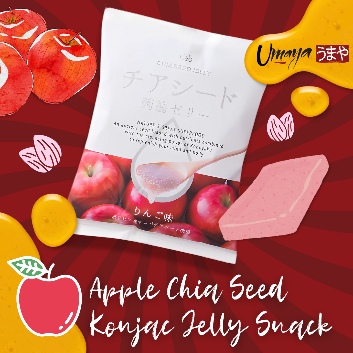 UMAYA - Wakasho Chia Seed Konnyaku Jelly Apple Flavor (6.1oz Per Pack) - Vegan Low Calorie Japanese Konjac Superfood Snack - Plant-Based & Gluten-Free - Individually Wrapped - Made in Japan - 3 Packs